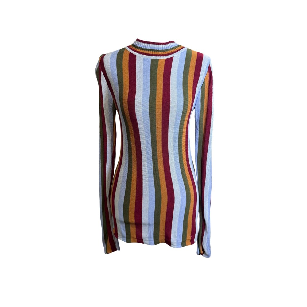 Carol Bassi Stripe Mock Neck Top Womens XS Multicolor Viscose Ribbed Knit